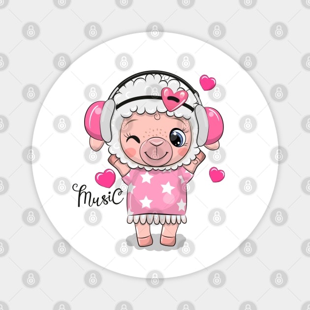 Cute little lamb in a pink dress and headphones. Magnet by Reginast777